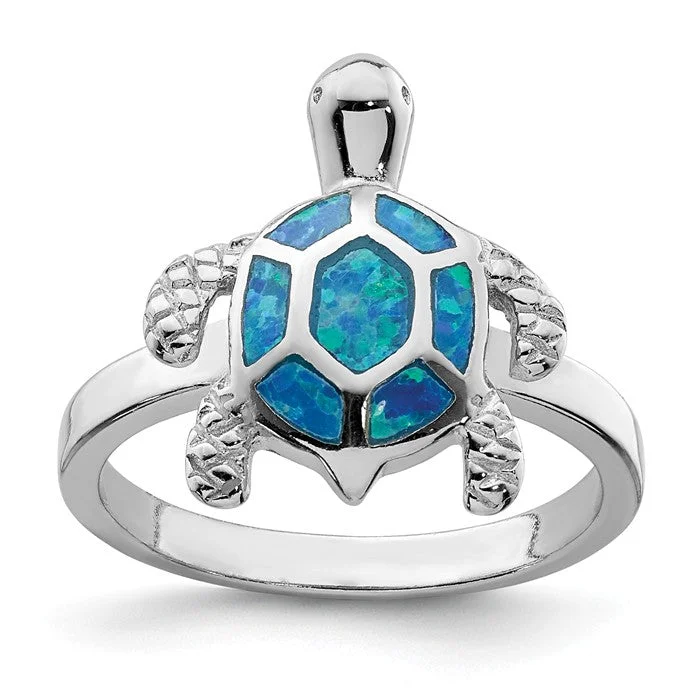 beaded necklaces for women -Sterling Silver Created Blue Opal Turtle Ring