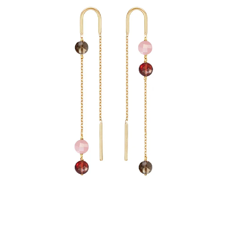 elegant gold earrings for women -Asymmetric Trio Pastille Earrings Guava Quartz, Smoky Quartz, Red Garnet - 18k Gold