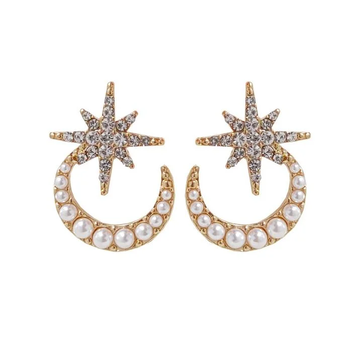 pearl drop earrings for women -Crystal Rhinestone Star White Pearl Moon Invisible Clip On Earrings