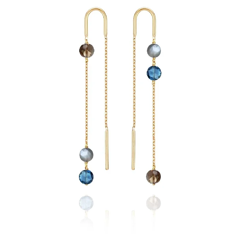 gemstone drop earrings for women -Asymmetric Trio Pastille Earrings Grey Moonstone, Smoky Quartz, Blue Topaz - 18k Gold