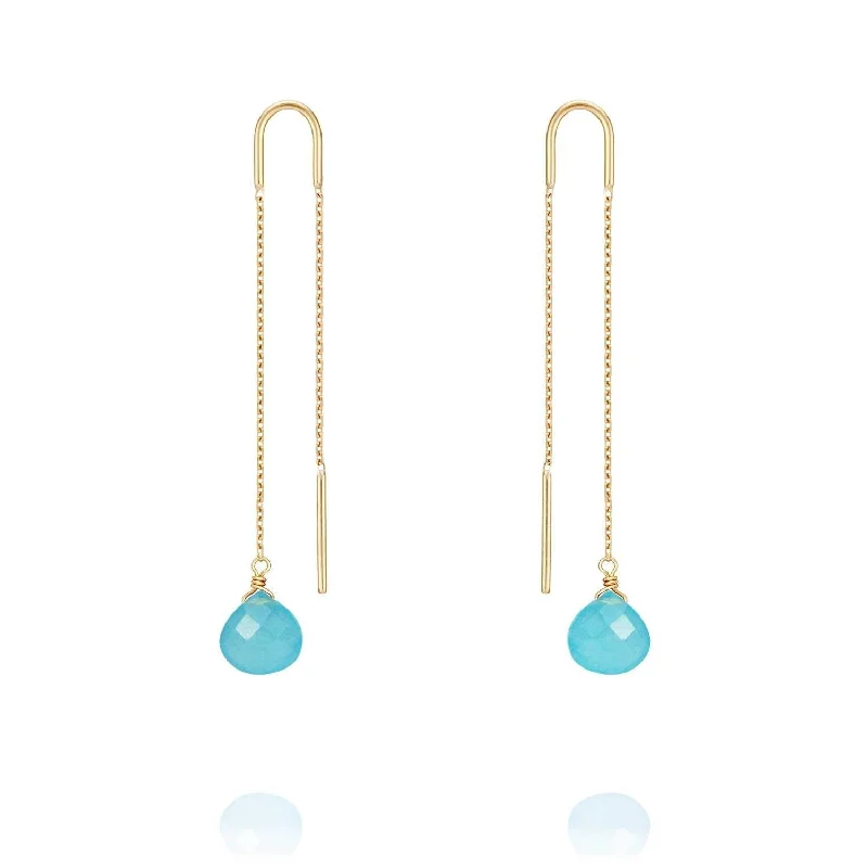 dangly earrings for women -Drop Threader Earrings Turquoise Jade - 18k Gold