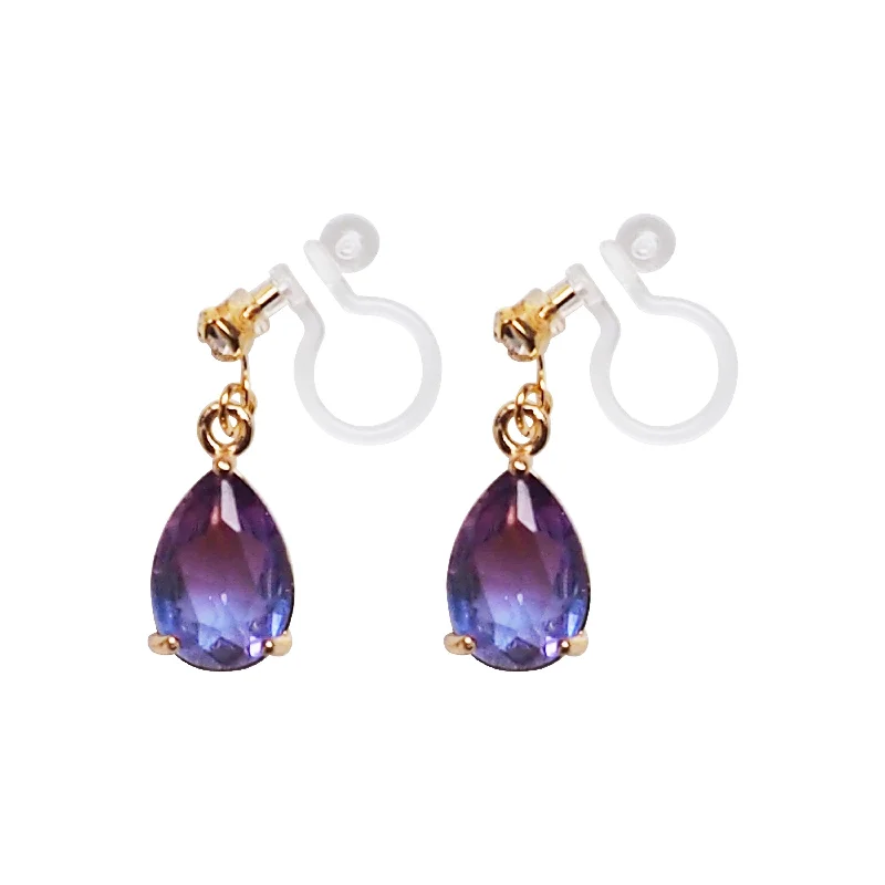 dangly earrings for women -Light Purple Teardrop Crystal Invisible Clip On Earrings