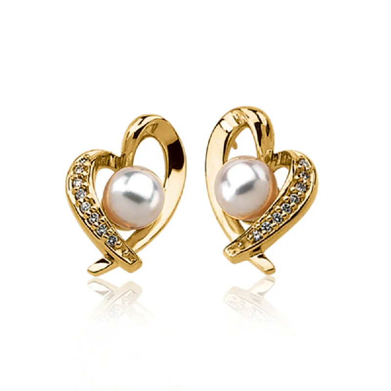 diamond hoop earrings for women -Akoya Cultured Pearl, 1/6 Ctw Diamond & 14k Yellow Gold Heart Earrings