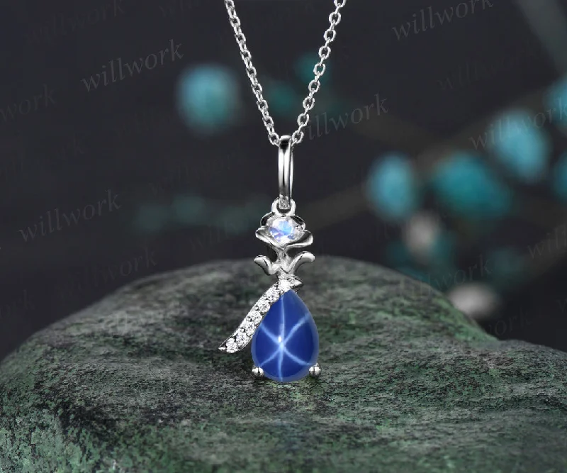 classic gold necklaces for women -READY TO SHIP: Pear-cut Blue Star Sapphire Necklace - Sterling Silver