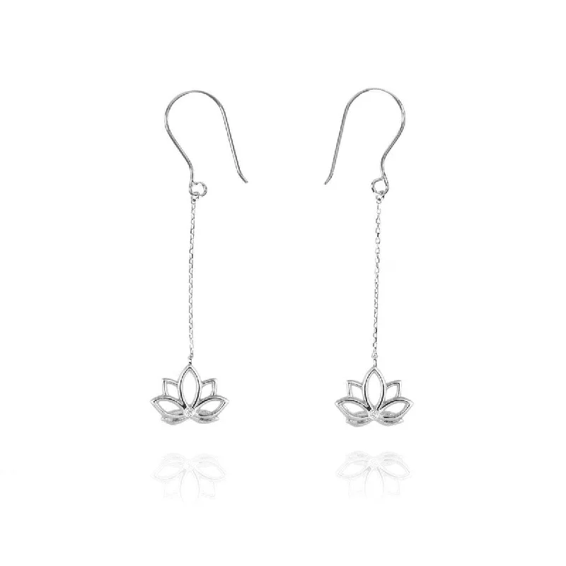 stackable earrings for women -Lotus One Diamond Long Earrings 9k White Gold