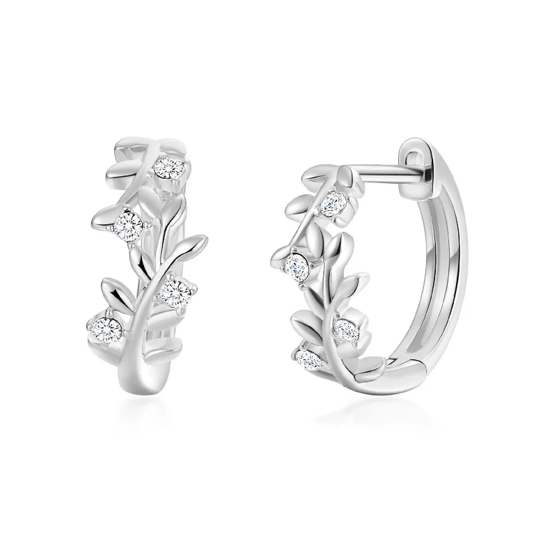 diamond earrings for women -Silver Plated Leaf Hoop Earrings Created with Zircondia® Crystals