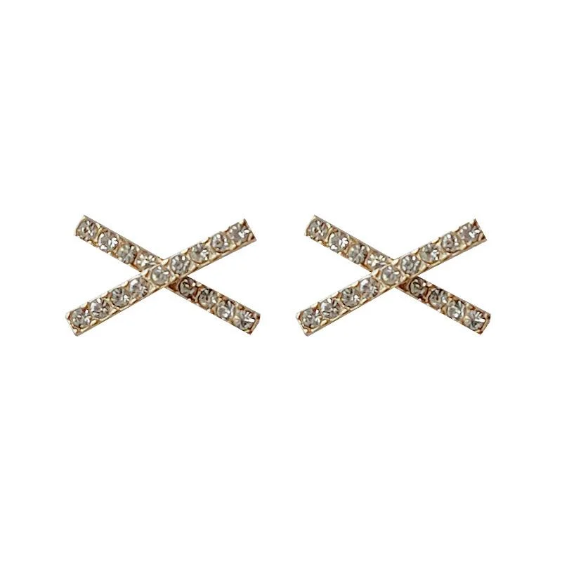 dangly earrings for women -Crystal Rhinestone Pave Gold Cross Invisible Clip On Earrings