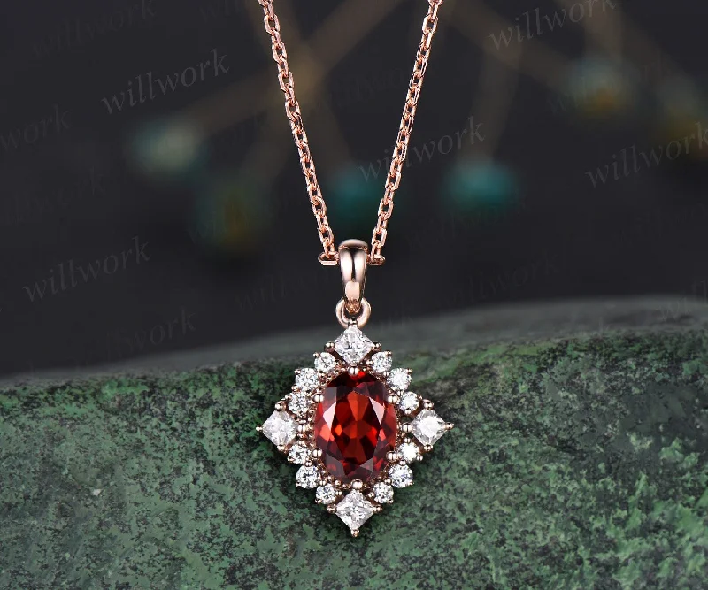 chunky gold necklaces for women -Vintage oval red garnet necklace solid 14k 18k rose gold art deco princess moissanite diamond necklace pendant women bridal promise gift