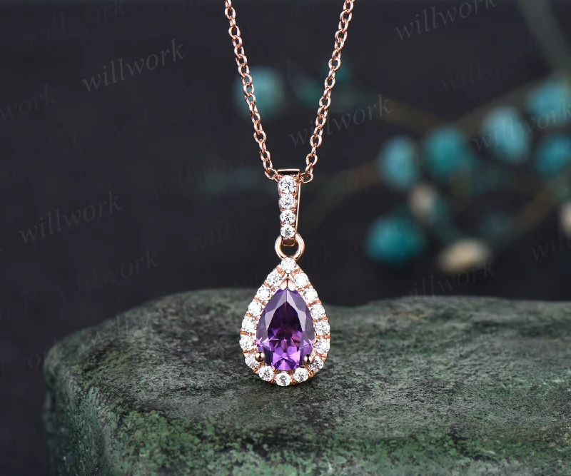 engraved necklaces for women -Pear shaped Amethyst  Necklace Solid 14k Rose Gold Vintage Unique Halo Diamond Necklace Pendant Women June Birthstone Anniversary Gift