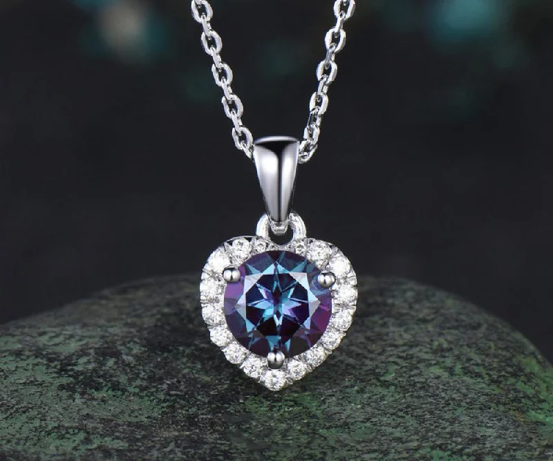 unique gold necklaces for women -1ct round alexandrite necklace heart halo diamond pendant 14k white gold June birthstone anniversary gift