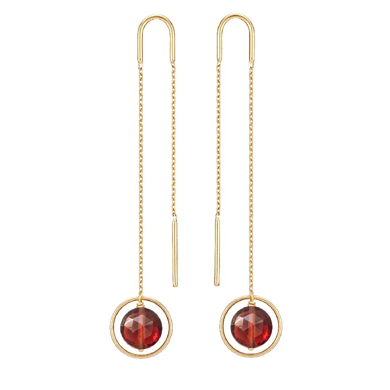 gold drop earrings for women -Long Chain Eclipse Earrings Red Garnet - 18k Gold