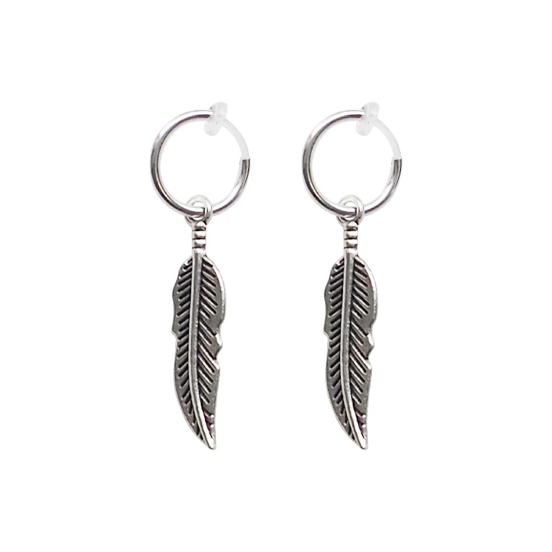 luxury gold earrings for women -Silver Feather Resin Clip On Hoop Earrings