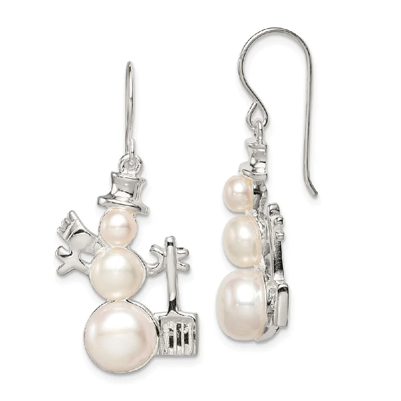 classic pearl earrings for women -Rhodium Plated Sterling Silver & FW Cultured Pearl Snowman Earrings