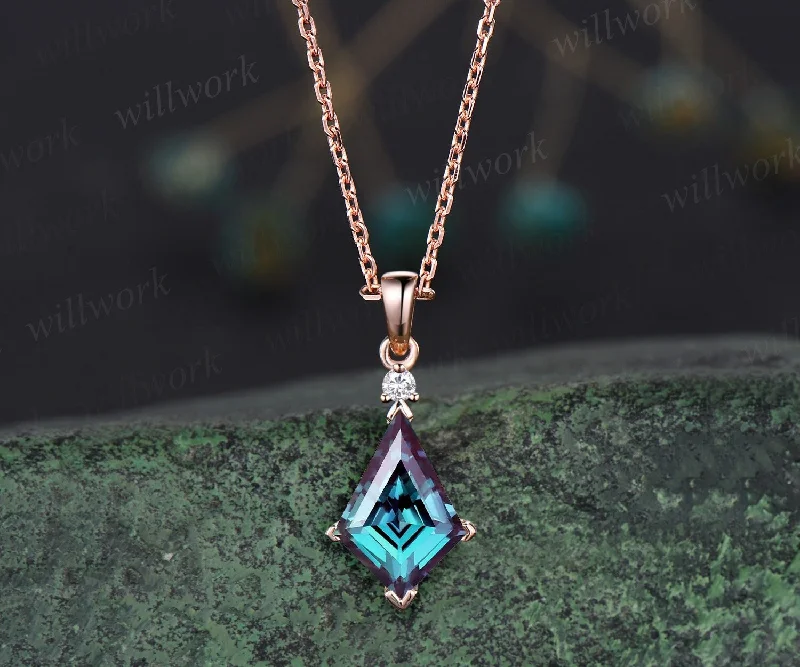 birthstone necklaces for gifts -Unique kite cut alexandrite necklace 14k rose gold two stone diamond pendant women Personalized June birthstone anniversary bridal gift