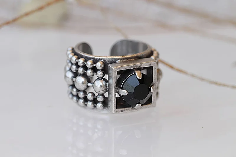 platinum rings for women -BLACK STONE RING