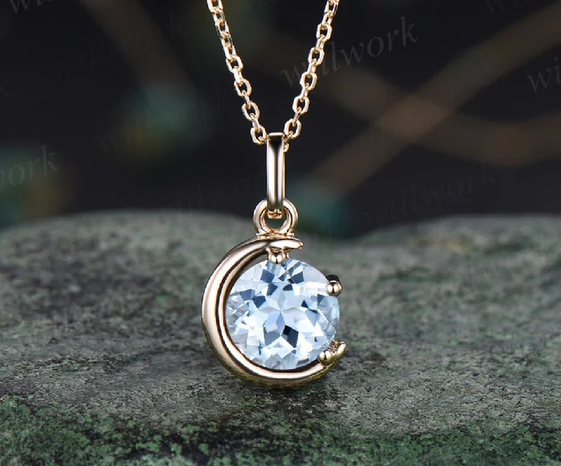 antique-style necklaces for women -Minimalist March Birthstone Round Cut Natural Aquamarine Necklace Delicate 14k Yellow Gold Moon Pendant Solitaire Necklace Birthday Gift