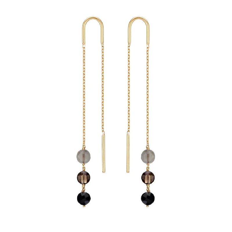 colorful earrings for women -Long Trio Threader Earrings 18k Gold Grey Moonstone Smoky Quartz Black Spinel