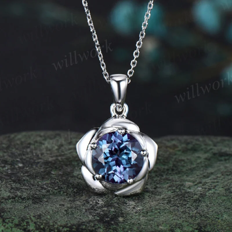 diamond necklaces for women -2ct Round Cut Alexandrite Necklace Solid 14k 18k White Gold Gold Vintage Unique Personalized 5 Prong Floral Pendant For Women Her Gemstone Anniversary Bridal Gift Mother