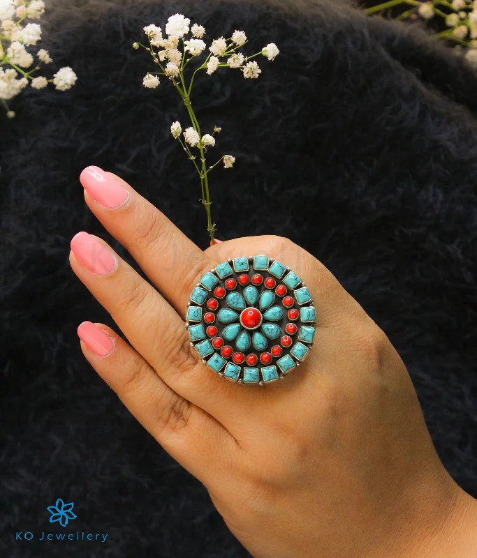 custom gemstone rings -The Chitrani Silver Gemstone Cocktail Finger-ring (Coral/Turquoise)