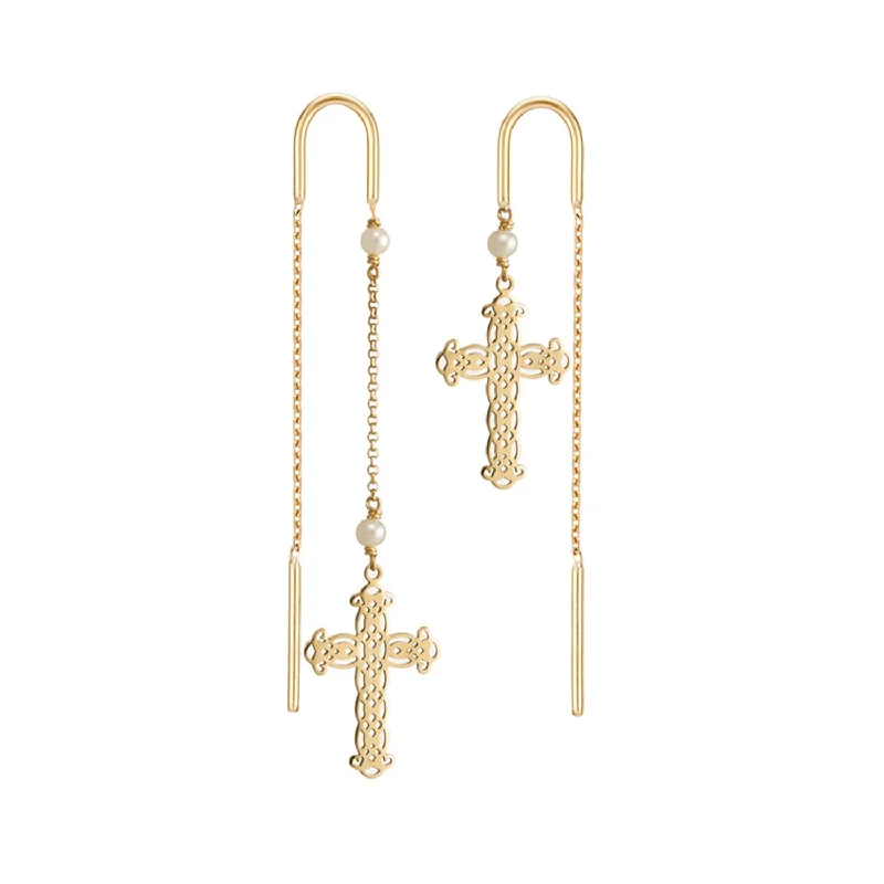 trendy hoop earrings for women -Asymmetric Cross Earrings Freshwater Pearls - 18k Gold