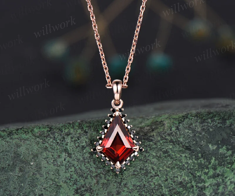 bold necklaces for women -Unique kite cut red garnet necklace solid 14k rose gold halo black diamond pendant for women January birthstone mother anniversary gift