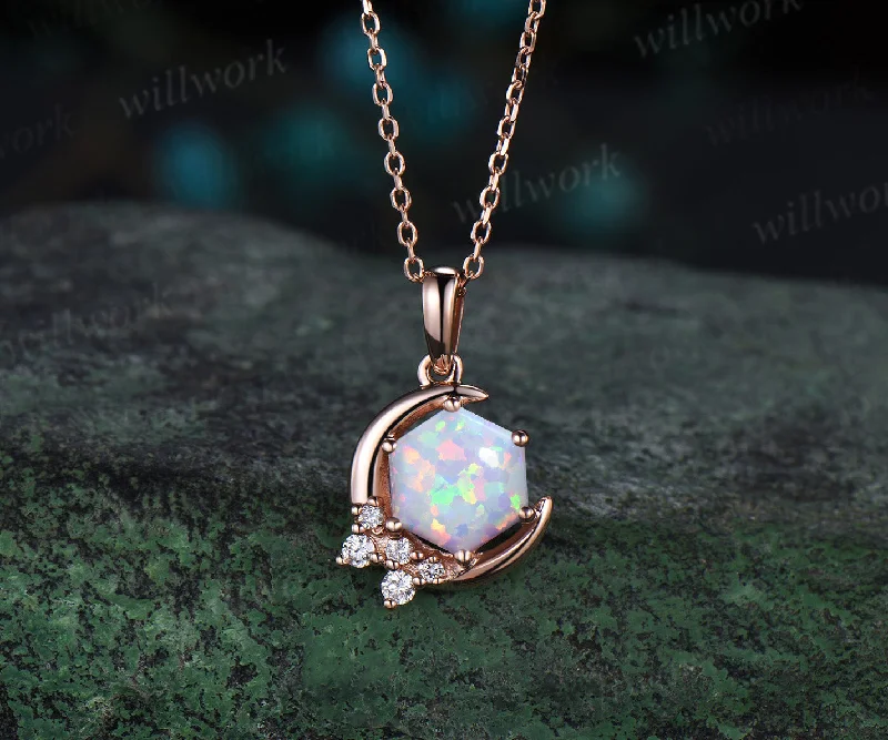 personalized nameplate necklaces -Hexagon white opal necklace solid 14k rose gold 6 prong cluster diamond pendant women anniversary gift