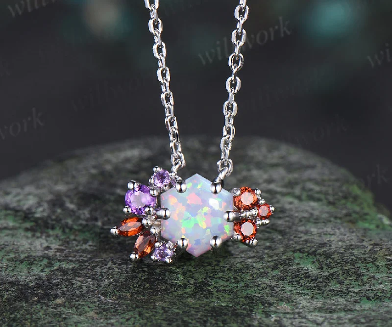 statement necklaces for women -Hexagon white opal necklace white gold women vintage unique art deco cluster amethyst garnet necklace Pendant bridal anniversary gift