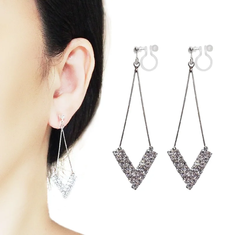 custom hoop earrings for women -Dangle Silver Arrow Shaped Rihnestone Crystal Invisible Clip On Earrings