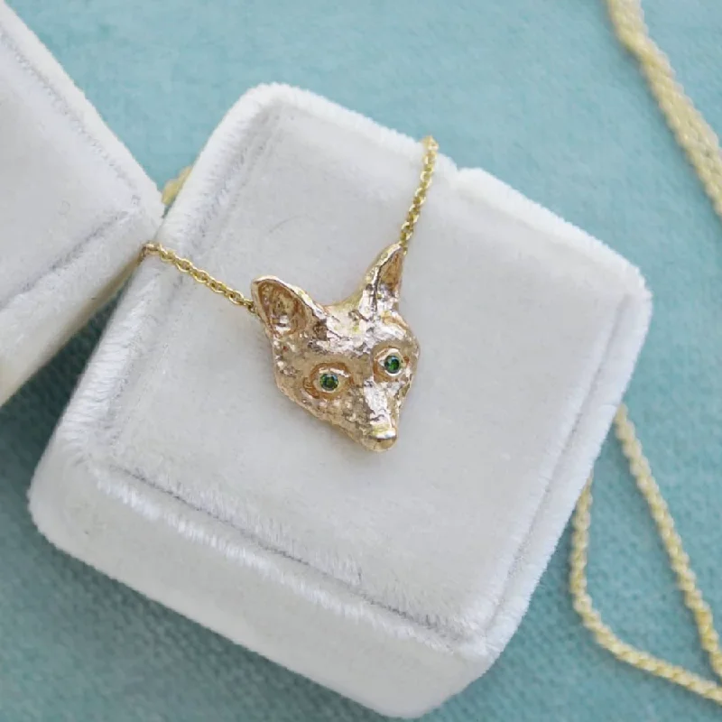 trendy silver necklaces for women -Fox Pendant Necklace with Green Diamond Eyes