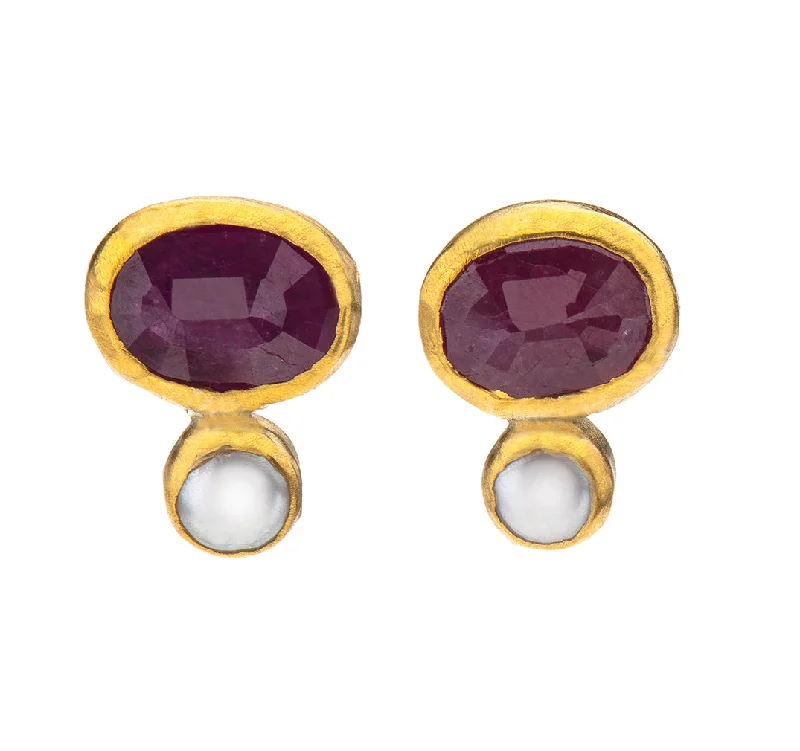 large hoop earrings for women -Nava Zahavi Yellow Gold Ruby and Pearl Stud Earrings