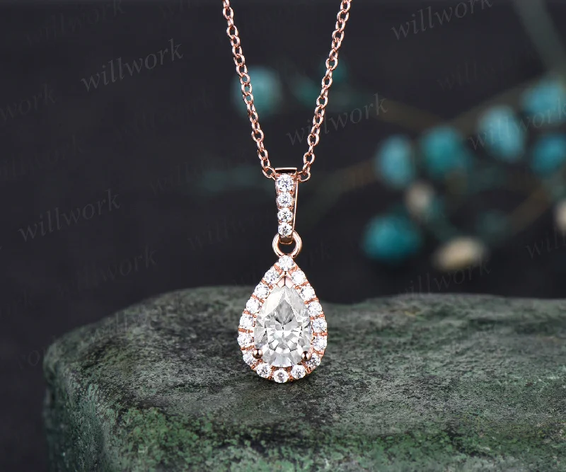 gold chain necklaces for women -Pear shaped moissanite  Necklace Solid 14k Rose Gold Vintage Unique Halo Diamond Necklace Pendant Women June Birthstone Anniversary Gift