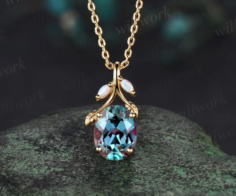 trendy chain necklaces for women -Oval cut alexandrite Necklace 14k yellow gold three stone opal leaf Nature Inspired Pendant antique anniversary gift jewelry