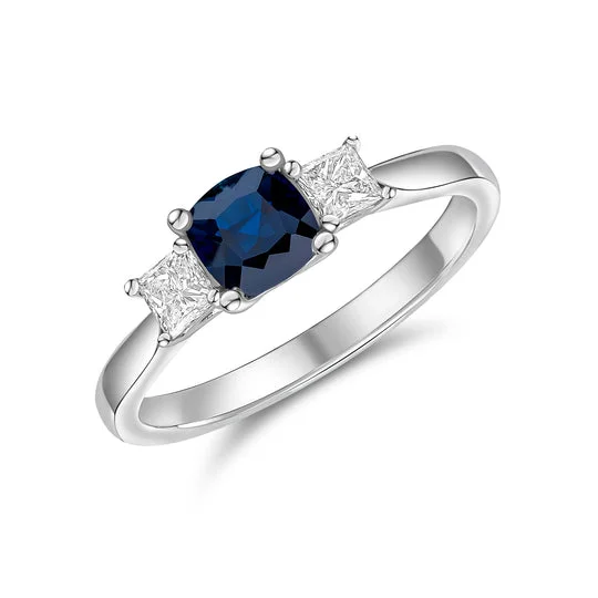 personalized engagement rings -18ct White Gold Cushion Sapphire & Square Diamond Three Stone Ring