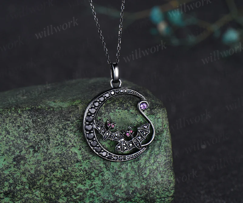 classy necklaces for women -Unique Black Gold Night Moon Bat Gothic Pendant Necklace Magic Crescent Moon Amethyst Black Spinel Necklace Halloween Anniversary gift Women