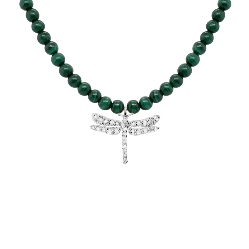 modern necklaces for women -Dragonfly Silver Necklace w. Malachite & Diamond