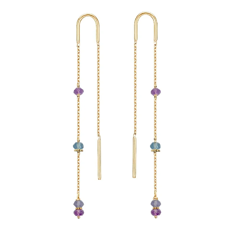 vintage earrings for women -Boho Threader Earrings Amethyst, Blue Topaz and Iolite - 18k Gold - Limited Edition