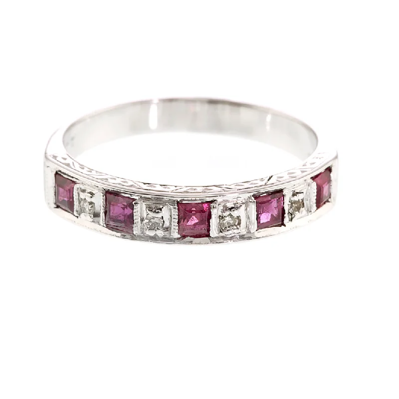 infinity wedding bands for women -Vintage Ruby and Diamond Half Eternity Ring