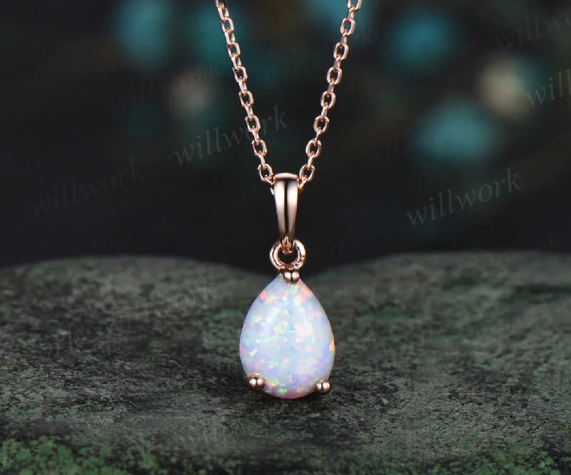 vintage-inspired necklaces for women -Pear shaped white opal necklace solid 14k rose gold Solitaire Teardrop opal pendant women anniversary gift