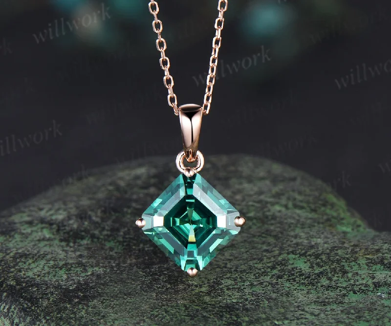 pearl necklaces for women -Asscher cut lab green sapphire necklace solid 14k rose gold vintage unique Personalized pendant women her gemstone anniversary bridal gift mother