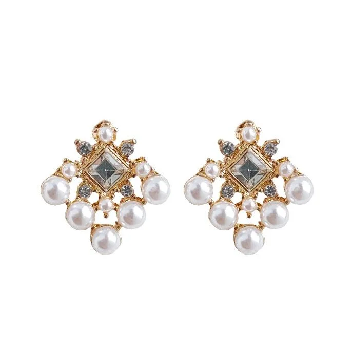 flower-shaped earrings for women -White Pearl Square Filigree Crystal Rhinestone Invisible Clip On Earrings