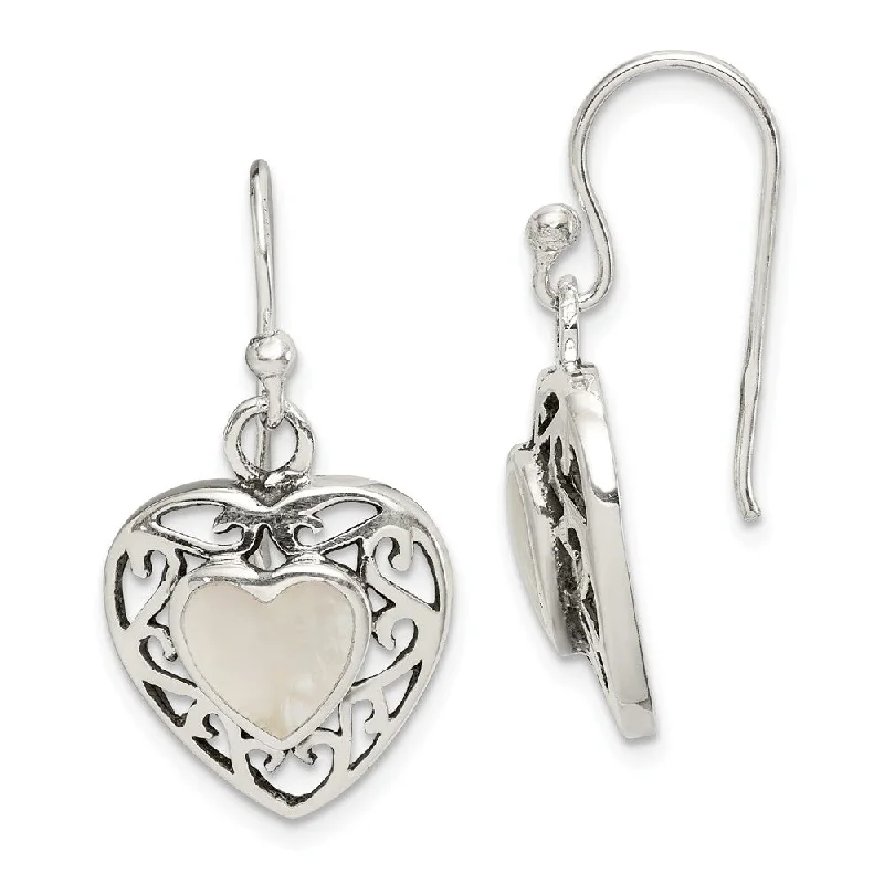 stud earrings for women -14mm Mother of Pearl Heart Dangle Earrings in Antiqued Sterling Silver