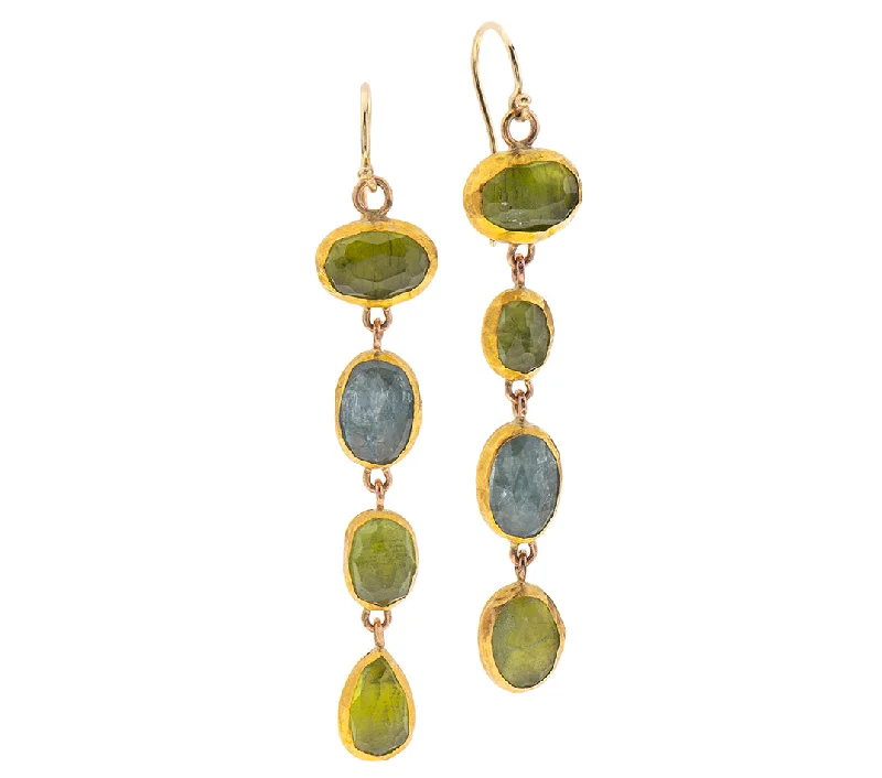 custom-made earrings for women -Nava Zahavi Yellow Gold Long Earrings of Peridots and Aquamarines