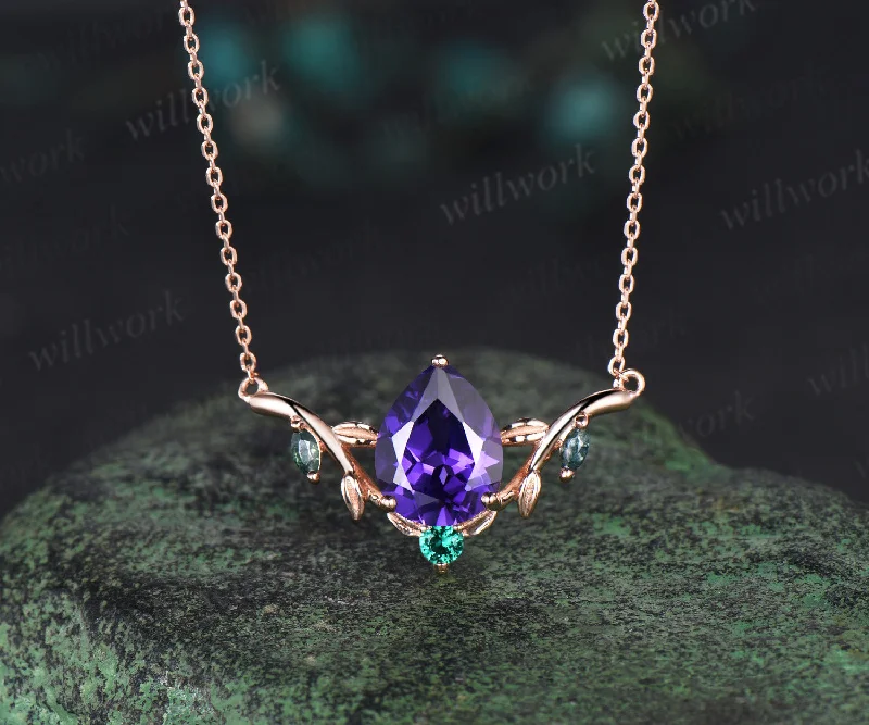 elegant gold necklaces for women -Pear shaped purple sapphire necklace solid 14k rose gold four stone moss agate emerald nature inspired leaf necklace anniversary gift women