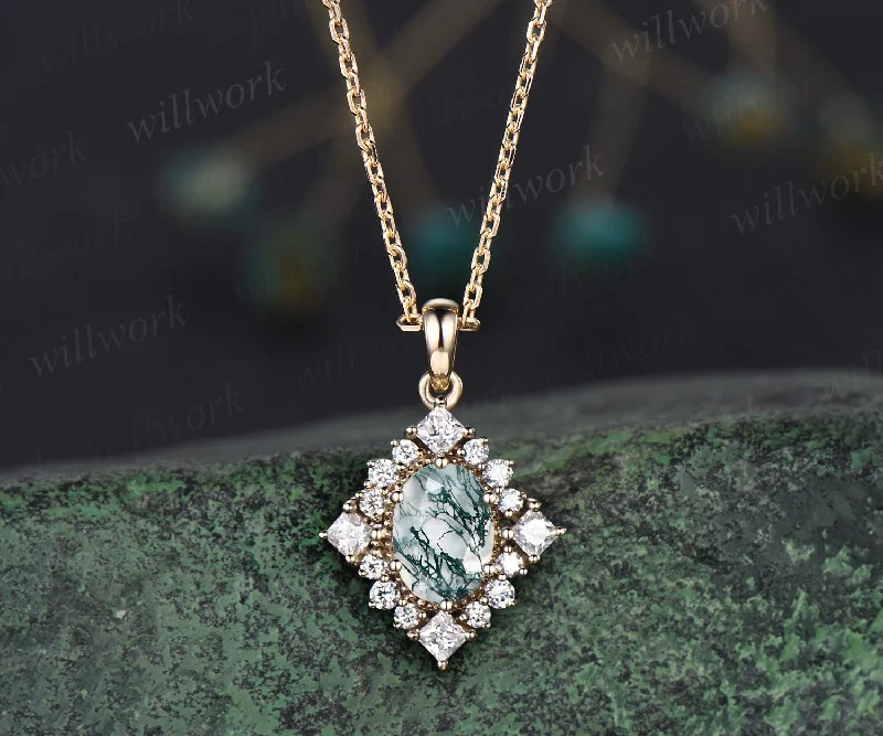 luxury necklaces for women -Unique oval green moss agate necklace solid 14k 18k gold halo princess moissanite diamond necklace pendant women anniversary gift jewelry