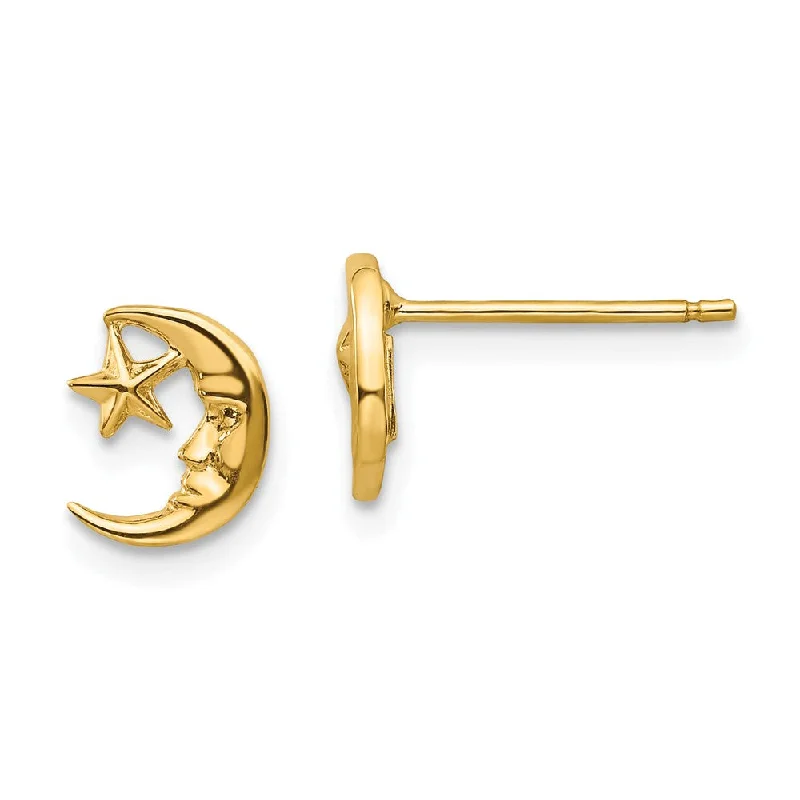 luxury pearl earrings for women -Mini Crescent Moon and Star Post Earrings in 14k Yellow Gold