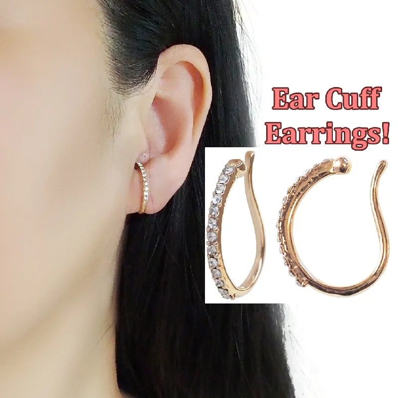 glamorous earrings for women -Gold Crystal Hoop Ear Cuff Clip On Earrings