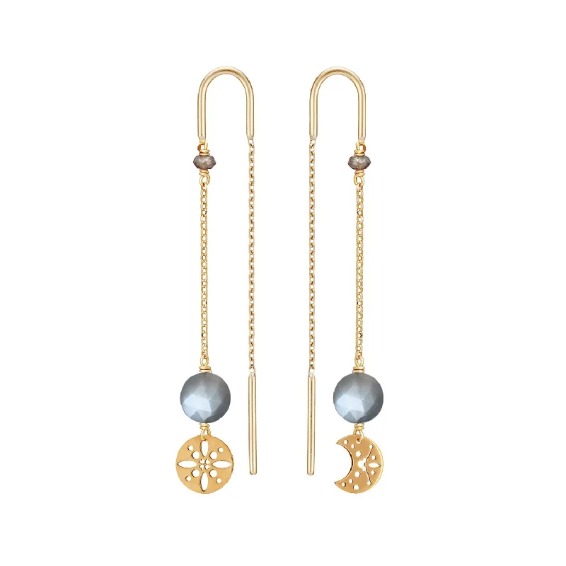 oversized earrings for women -Moon and Sun Asymmetric Earrings Grey Moonstone - 18k Gold