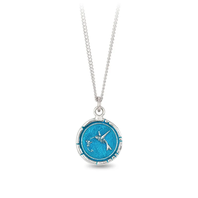 handmade silver necklaces for women -Hummingbird Talisman - Capri Blue