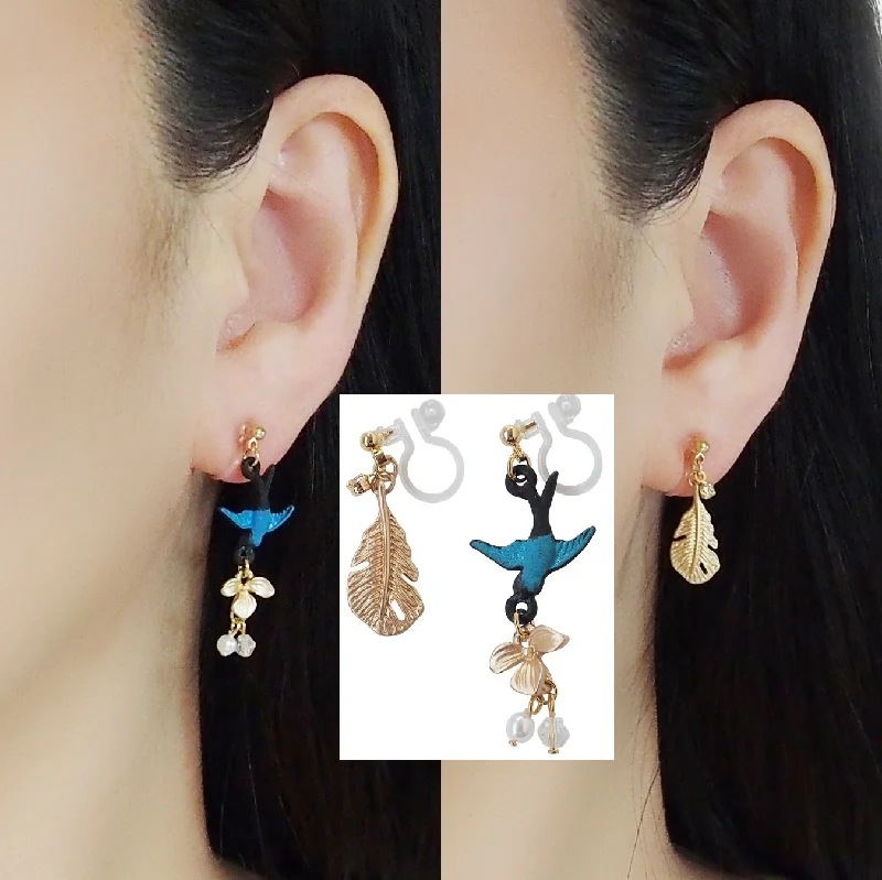 luxury earrings for women -Dangle Bluebird & Leaf Invisible Clip On Earrings