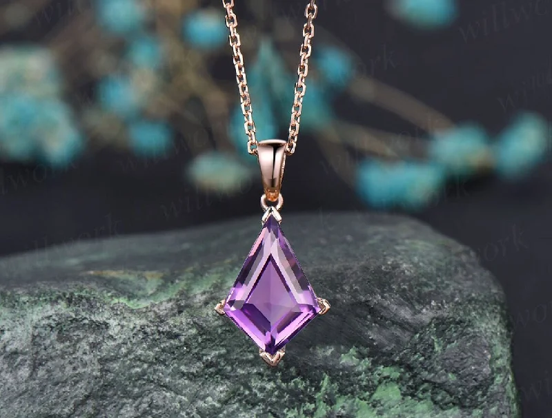 engraved necklaces for women -Kite natural Amethyst necklace solid 14k 18k rose gold vintage unique Personalized pendant for women her anniversary bridal gift mother